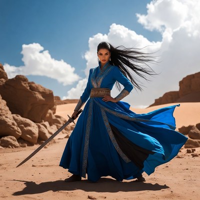 Warrior in blue dress with sword
