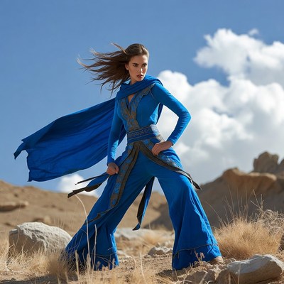 Woman in blue outfit on desert scene