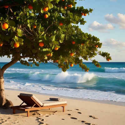 Beach chair under orange tree