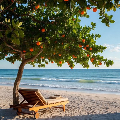 Beach chair under orange tree