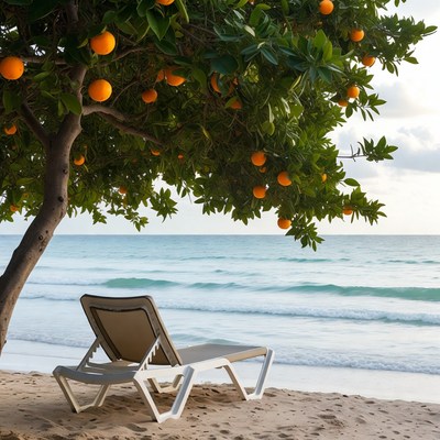 Lounge chair under an orange tree