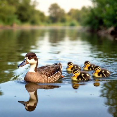 Duck and ducklings swim in water