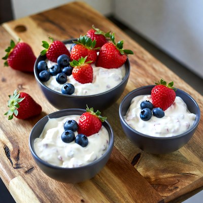 Fresh berries and yogurt in bowls