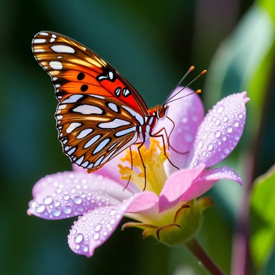 Butterfly on pink flower with dew
