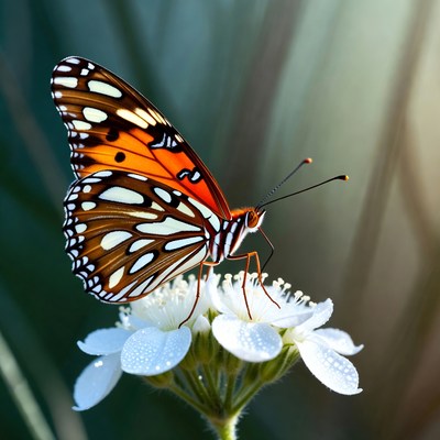 Butterfly on white flower in sunlight