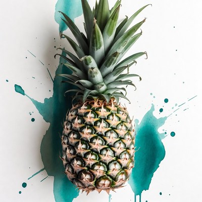 Pineapple with paint splashes on paper