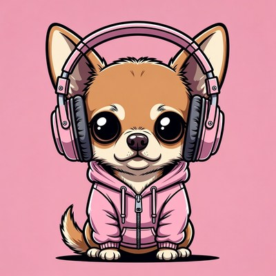 Cute dog with headphones in pink