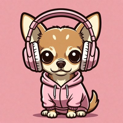 Cute dog wearing headphones and hoodie