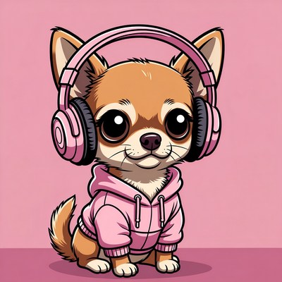Chihuahua with headphones in hoodie