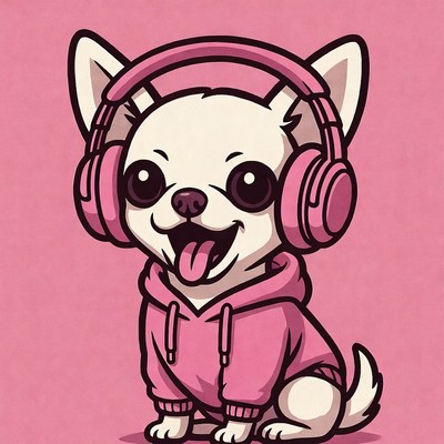 Chihuahua wearing headphones in pink