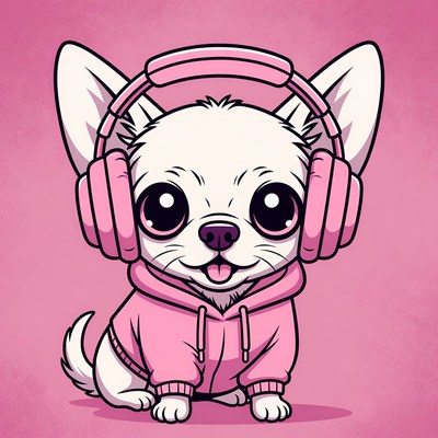Dog with headphones and hoodie loves music