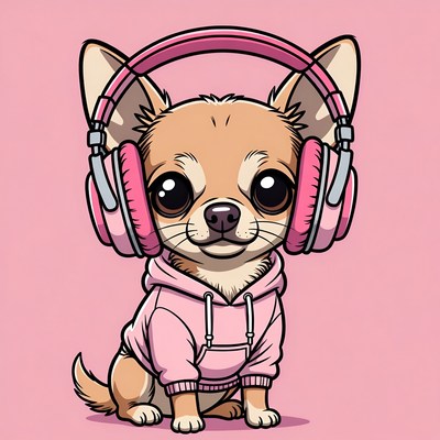 Chihuahua wearing headphones in pink hoodie