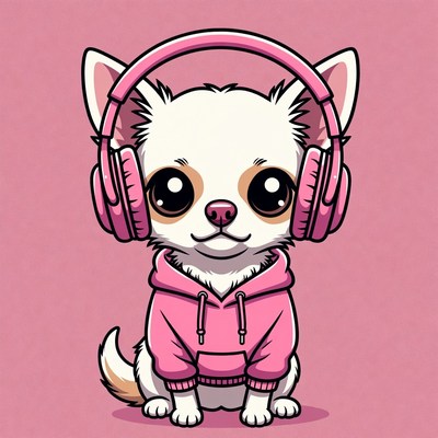 Dog in pink hoodie with headphones