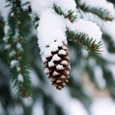 Snow-covered pine cone hanging
