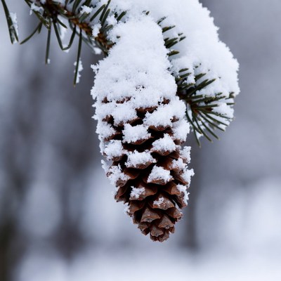 Snow-covered pinecone in winter