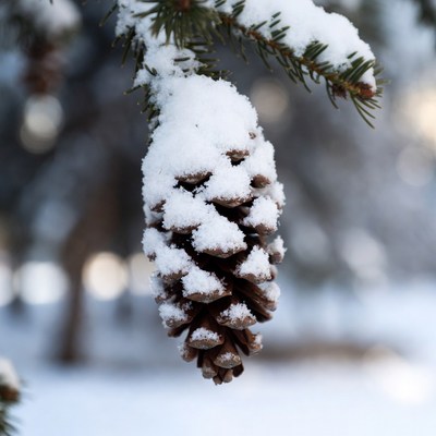 Pinecone hanging in winter snow