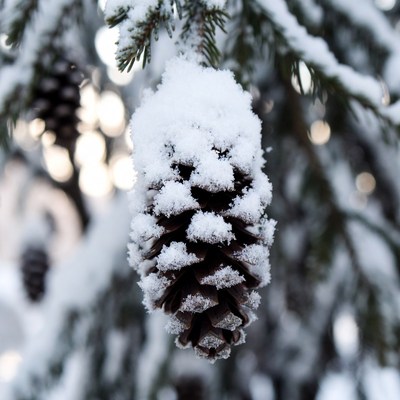 Snow-covered pine cone hanging on tree