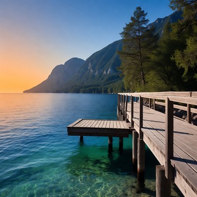 Dock by clear blue water in the mountains