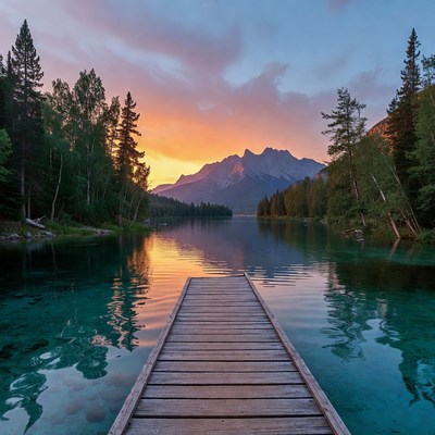 Mountain sunset over lake