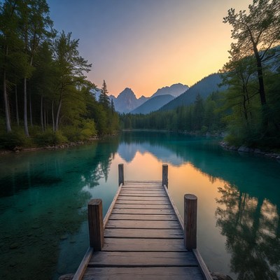 Sunrise at mountain lake dock