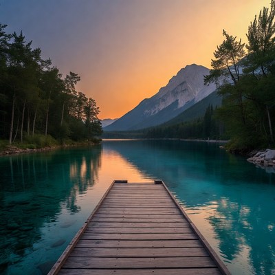 Dock by the clear lake at sunset