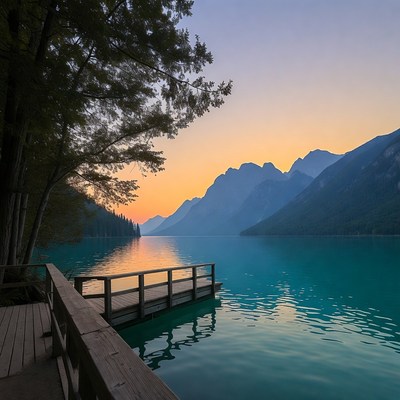 Sunset over mountain lake