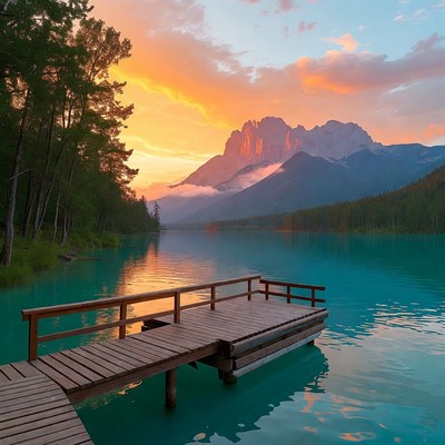Sunrise over mountain lake with pier