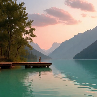 Sunset over mountain lake view