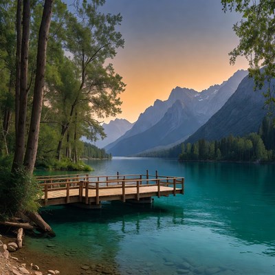 Wooden dock at mountain lake in evening