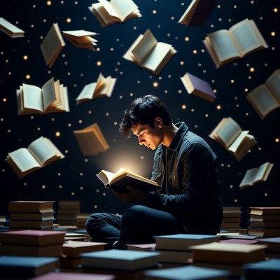 Boy reading in a floating book scene
