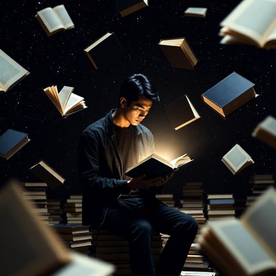 Person reading surrounded by floating books