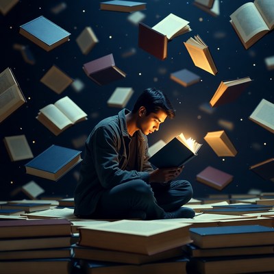 Young man reads among floating books