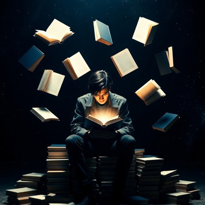 Books float around a boy reading