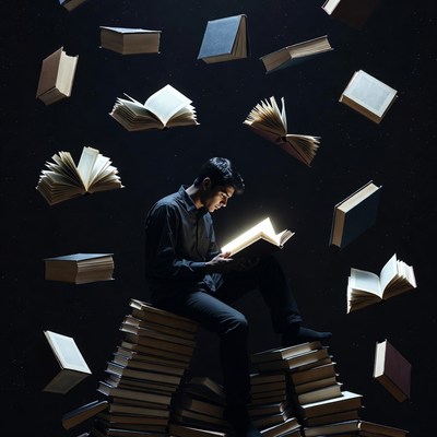 Books surround a young man reading