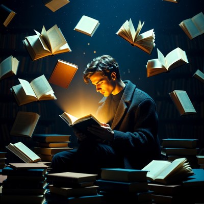 Books surround boy reading in library