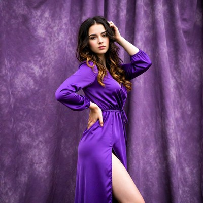 Model poses in purple dress