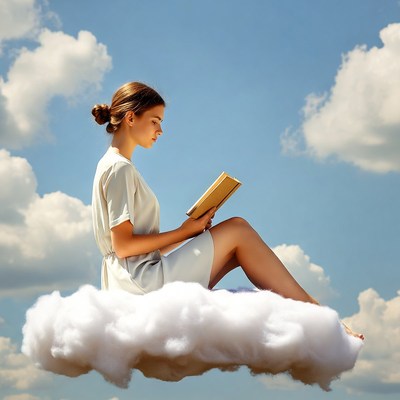 Woman reading on cloud in sky