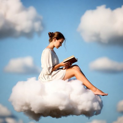 Girl reading on cloud under blue sky