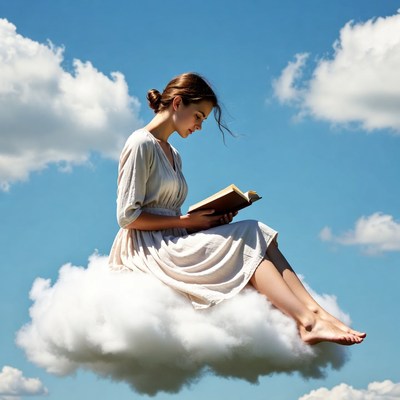Reading on a cloud in blue sky