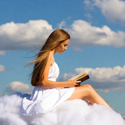 Girl reading on a cloud in daylight