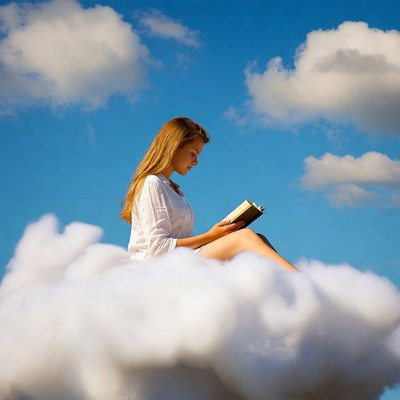 Woman reading on cloud in sky