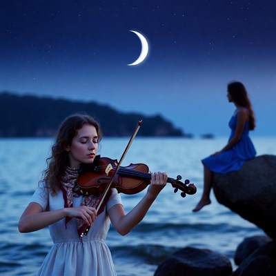 Violin performance by the sea at night