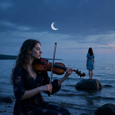 Woman plays violin by the water at night