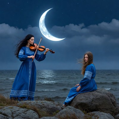 Musicians on the coast at night
