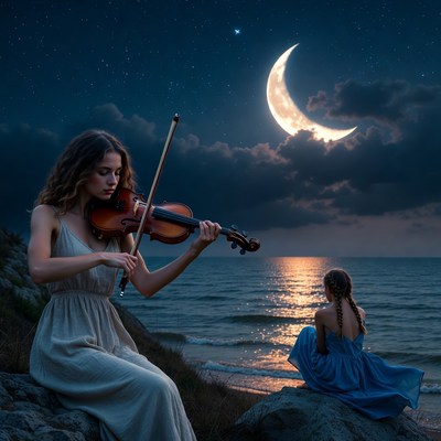 Girl plays violin by the sea