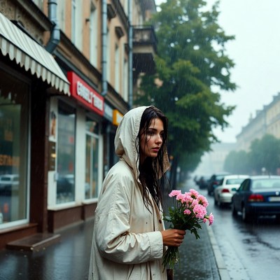 Woman with flowers in rain