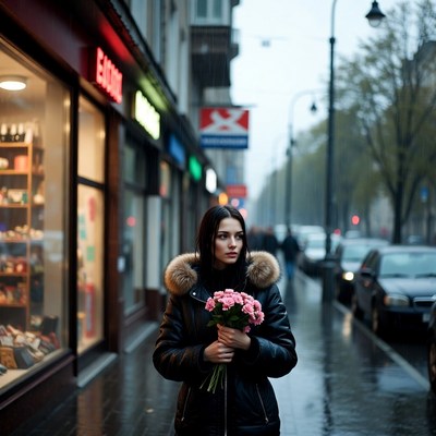 Woman holding flowers in rain