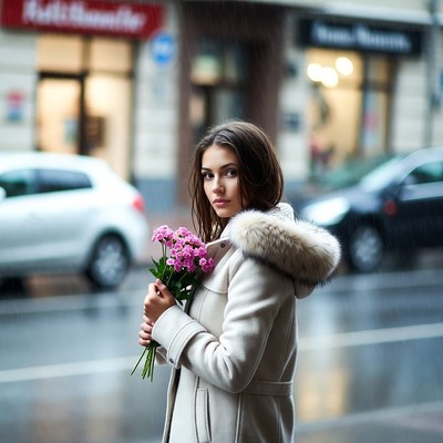 Woman holding flowers in the rain