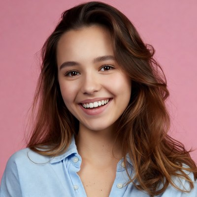 Woman smiling against pink background