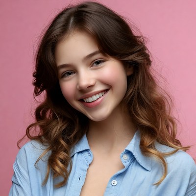 Young girl smiling with pink background